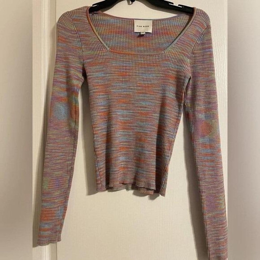 Pink Rose Pastel Multicolor Ribbed Square Neck Long Sleeve Top